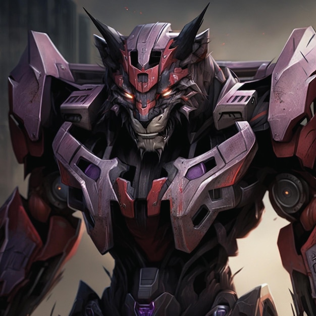 A transformers character with red eyes and a purple background.