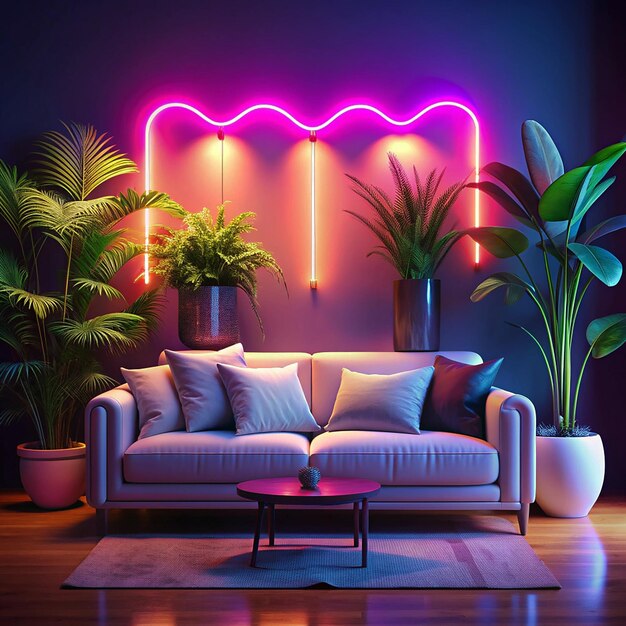 Photo transforming room space with vibrant neon colors and futuristic cyberpunk interior design