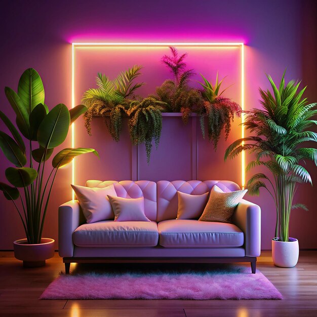 Photo transforming room space with vibrant neon colors and futuristic cyberpunk interior design