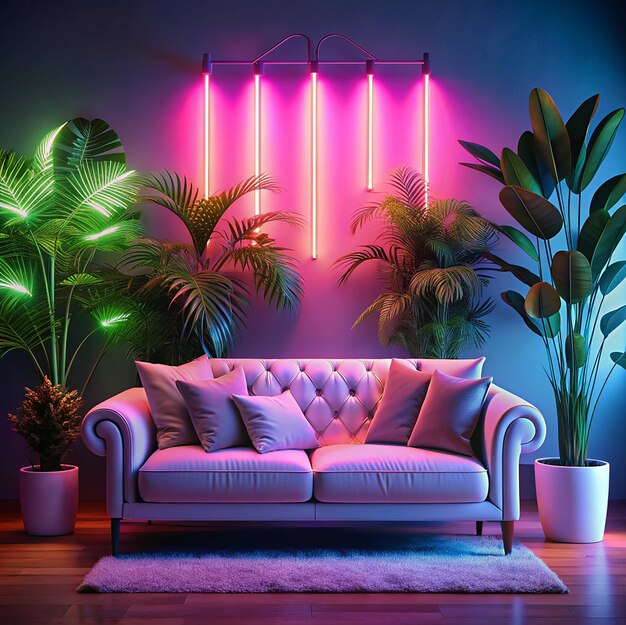 Photo transforming room space with vibrant neon colors and futuristic cyberpunk interior design