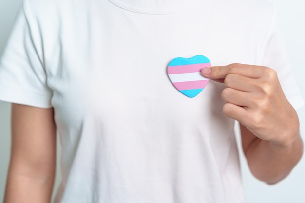 Transgender Day and LGBT pride month LGBTQ or LGBTQIA concept hand holding blue pink and white heart shape for Lesbian Gay Bisexual Transgender Queer and Pansexual community