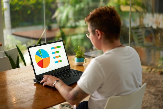 Photo transgender professional analyzes pie chart bar graph on laptop at ecofriendly office shorthaired worker in casual attire engages in remote work data analysis business strategy planning