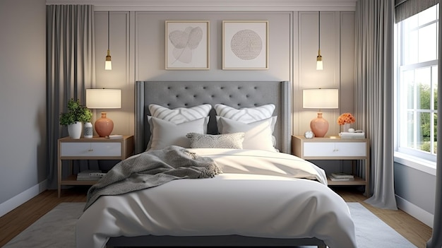 A transitional bedroom with a gray upholstered Home interior 3D render