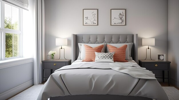 A transitional bedroom with a gray upholstered Home interior 3D render