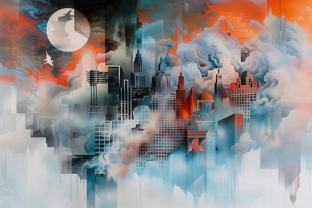 Translate Surrealism into a surprising lowangle perspective of a floating cityscape shrouded in mist