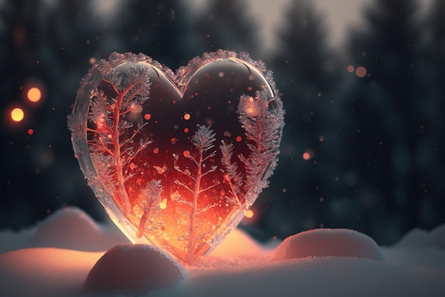 Translucent beautiful red heart with little bright Christmas lights