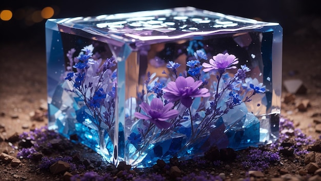 A translucent blue and purple flower encased in a cube of ice