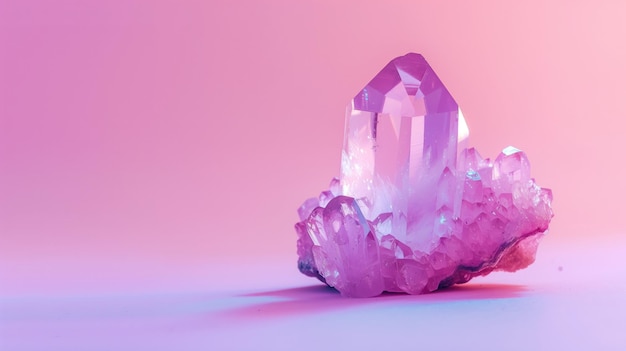 Translucent crystal cluster illuminated with pink and purple hues on gradient background