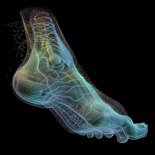 A translucent human foot with visible bones and nerves digital art