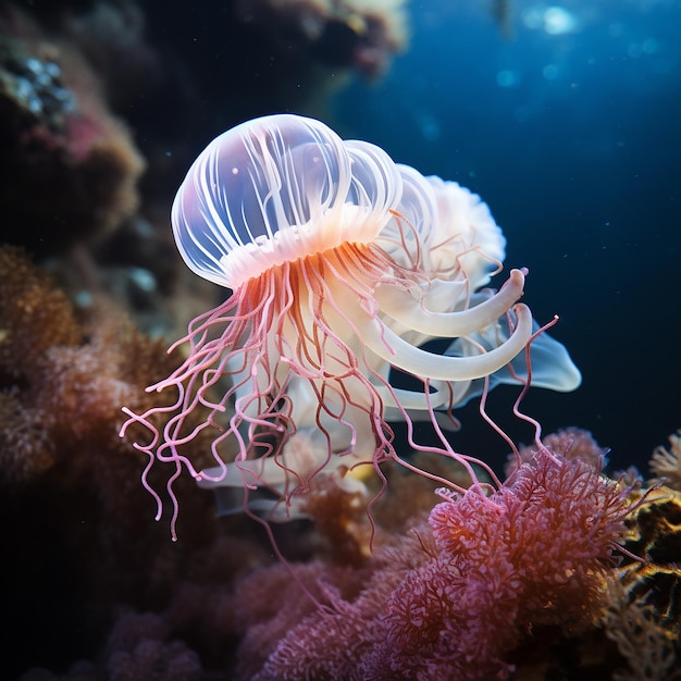 a translucent jellyfish with long flowing tentacles floating near a coral reef