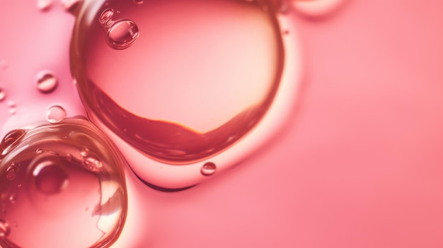 Translucent oil drops in liquid on smooth rose blurred background Generative AI AIG21