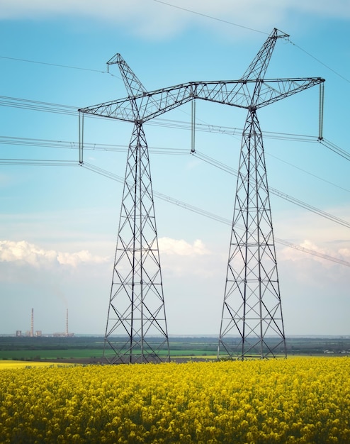 Transmission towers in the middle of a yellow canola field in bloom High voltage power line at Spring