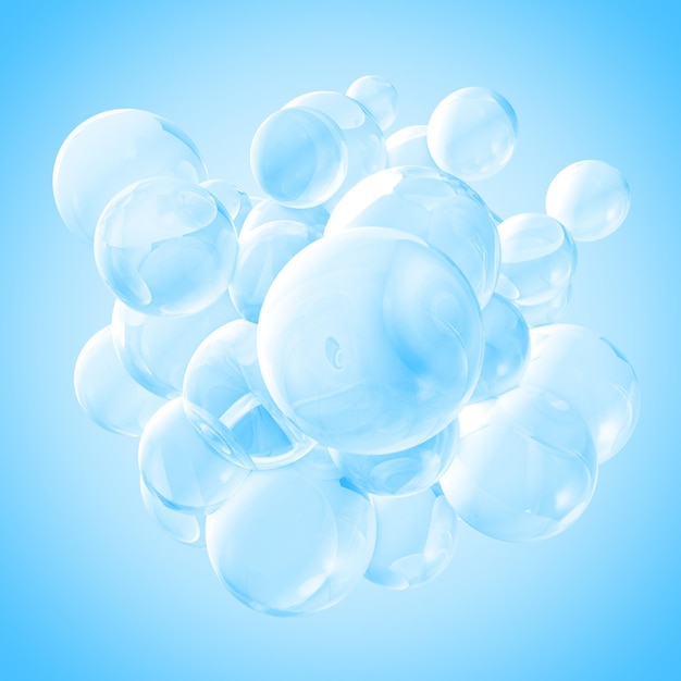 Transparent air bubbles collected together in the center on a light blue background