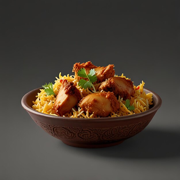 Photo a transparent backdrop featuring chunks of chicken in a dish of biryani