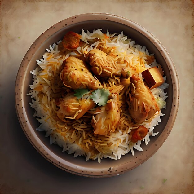 A transparent backdrop featuring chunks of chicken in a dish of biryani