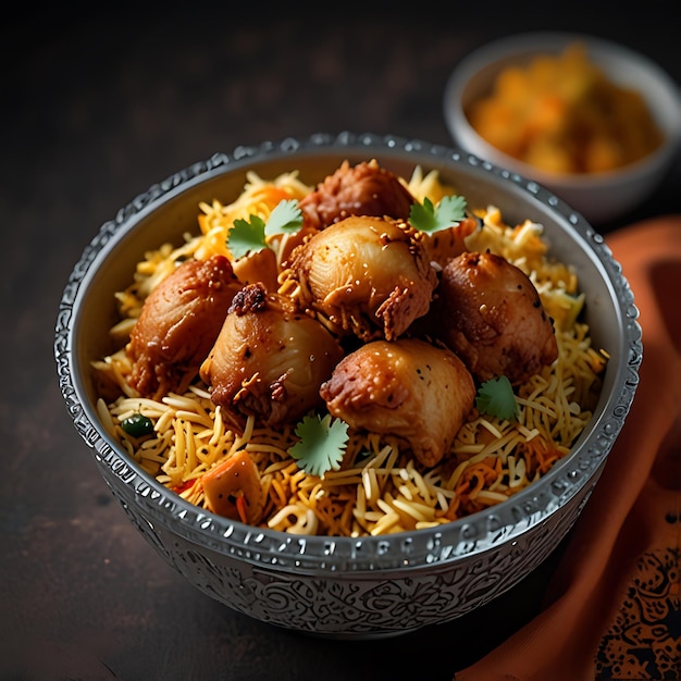 A transparent backdrop featuring chunks of chicken in a dish of biryani