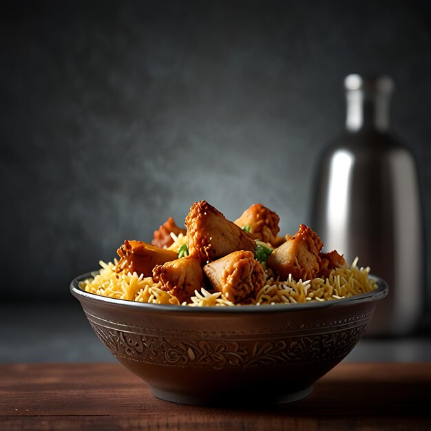 Photo a transparent backdrop featuring chunks of chicken in a dish of biryani