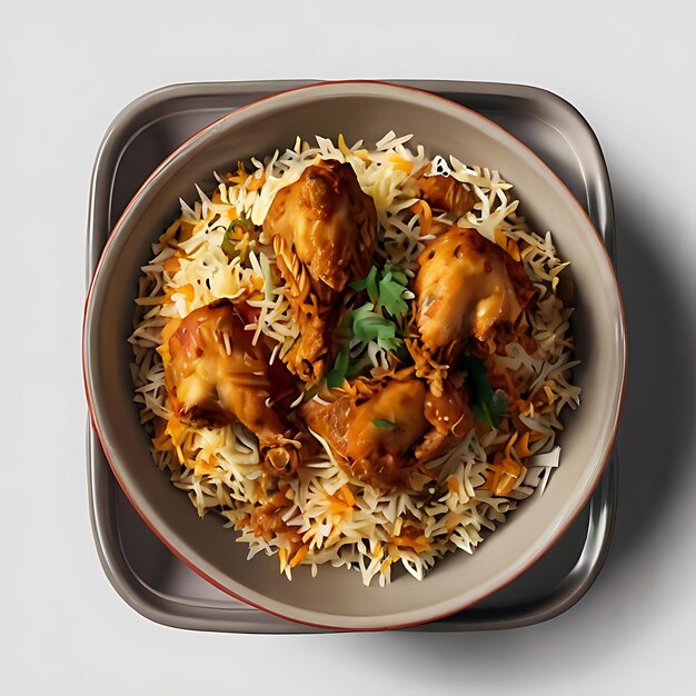 A transparent backdrop featuring chunks of chicken in a dish of biryani