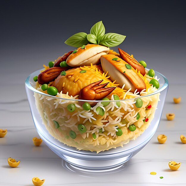 Photo a transparent backdrop featuring chunks of chicken in a dish of biryani