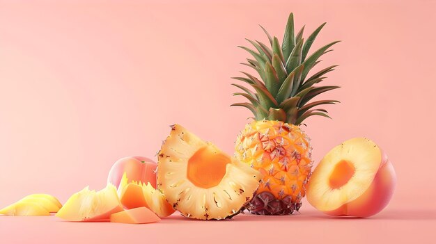 transparent background psd a colorful fruit arrangement featuring a large pineapple sliced orange and various other fruits with a dark shadow in the foreground