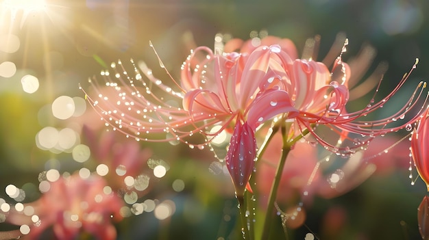 transparent background with isolated pink flowers and a green stem