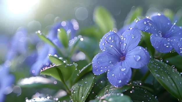 transparent background with isolated purple and blue flowers and green leaves