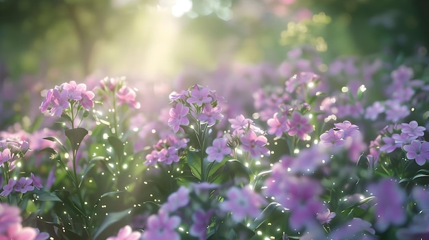 transparent background with isolated purple and pink flowers in a field