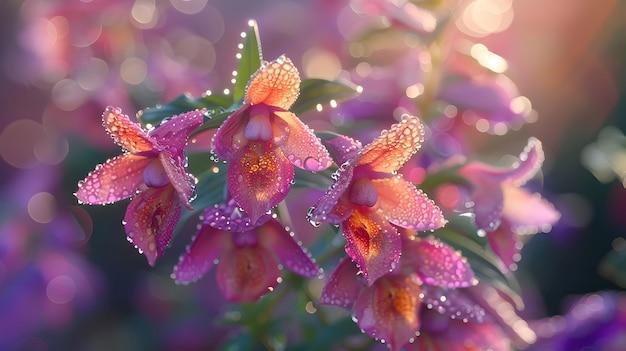 transparent background with isolated purple and pink flowers and a green leaf