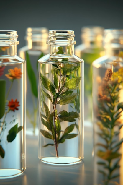 Photo transparent bottles with preserved botanical specimens in soft light