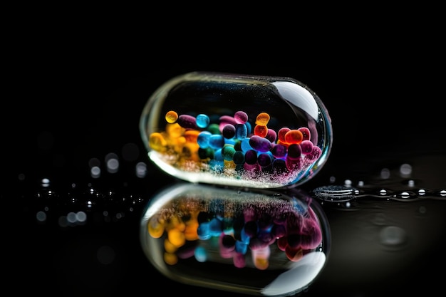 transparent capsules medicine with tiny colourful granules in it