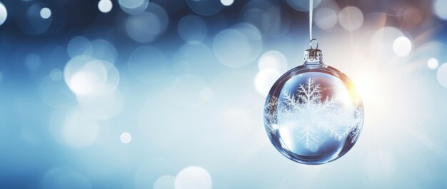 Transparent Christmas ball on a blue background with lights Seasonal card Generative AI