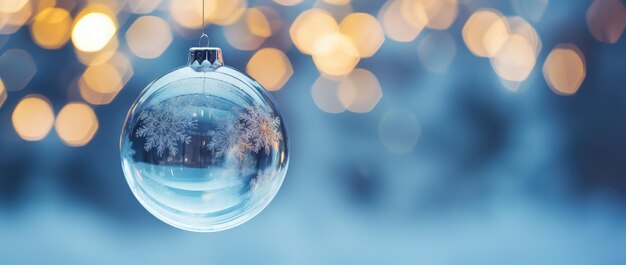 Transparent Christmas ball on a blue background with lights Seasonal card Generative AI