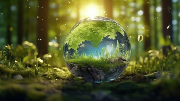 Transparent crystal sphere in a green forest filled with sunlight Grass and trees are reflected in the glass globe Protection of water resources concept Environmental care Earth Day 3D rendering