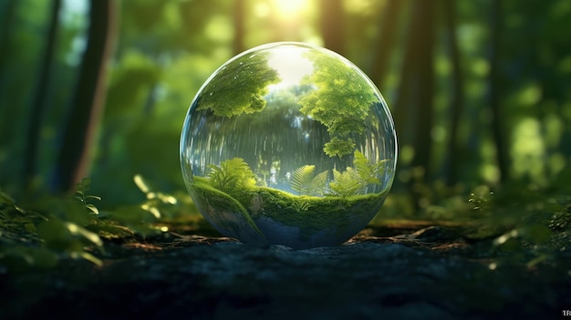 Transparent crystal sphere in a green forest filled with sunlight Grass trees and water are reflected in the glass globe Protection of water resources concept Environmental care 3D rendering