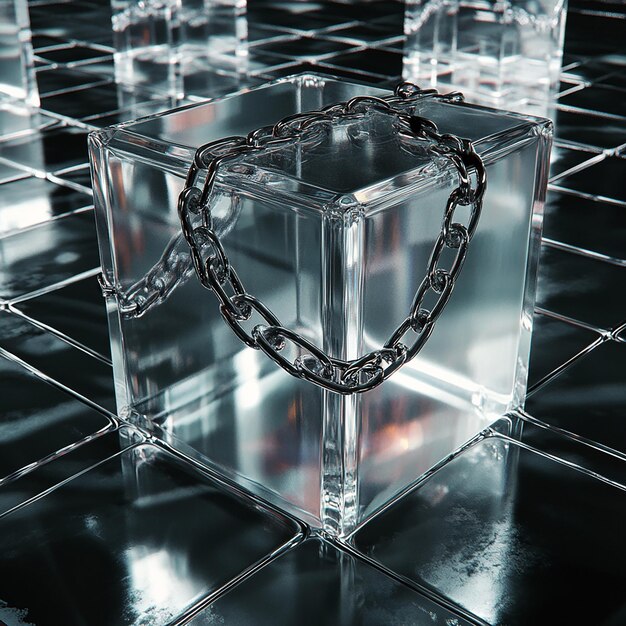 Photo a transparent cube with the text written in it two silver chains go from it to other transparent cu