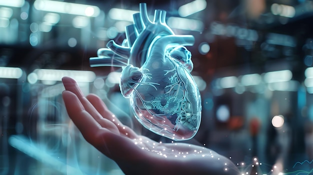 Transparent Digital Heart Anatomy Floating on Glowing Hands