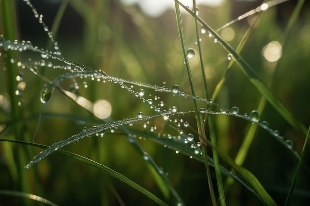 Transparent Droplets of Dew in Grass on Summer