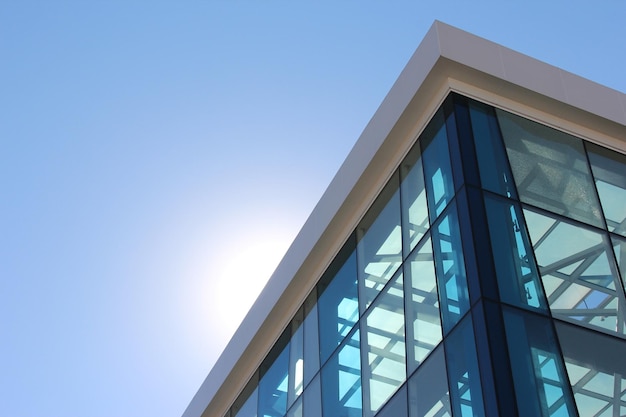 The transparent facade of the building against the sky and the sun