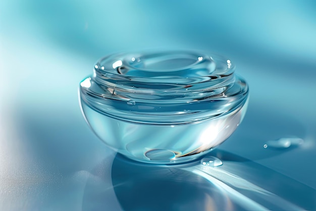 Transparent facial gel on glass surface against blue background