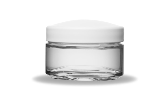 Transparent gel cream for moisturizing the face in transparent glass jar and white plastic lid on white isolated background