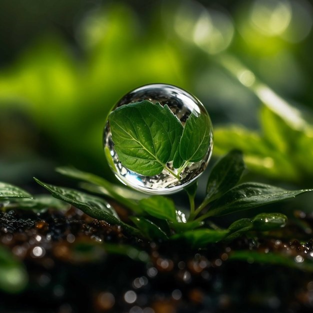 Transparent glass ball with a green plant inside Nature concept