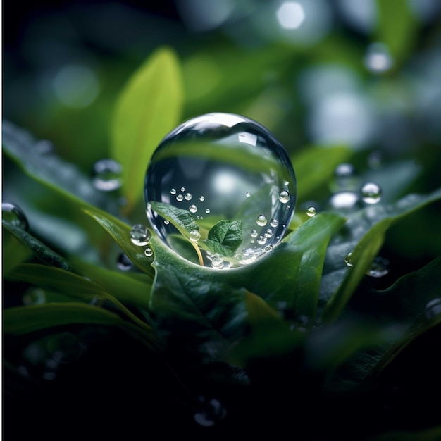 Transparent glass ball with a green plant inside Nature concept