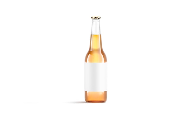 Transparent glass beer bottle with white label. Flask with ale sticker for pub. Fresh cold beverage.