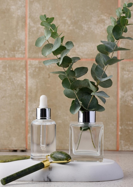 A transparent glass bottle with a pipette and a stone massager for the face next to a branch of eucalyptus Cosmetics