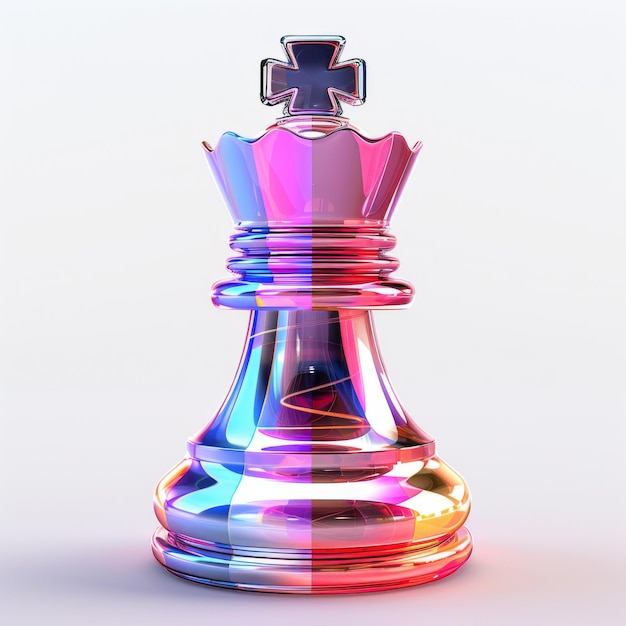 A transparent glass chess piece resembling a king is elegantly placed on top of a table The piece reflects light creating a sparkling effect Generative AI