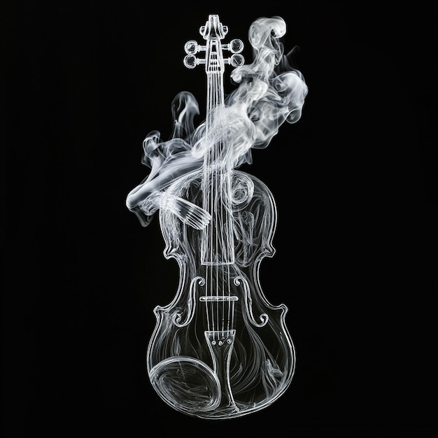 Photo transparent glass girl and violin with translucent smoke on black background