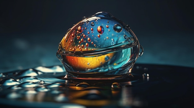 Transparent glass globe with water drops on a reflective surfacegenerative ai