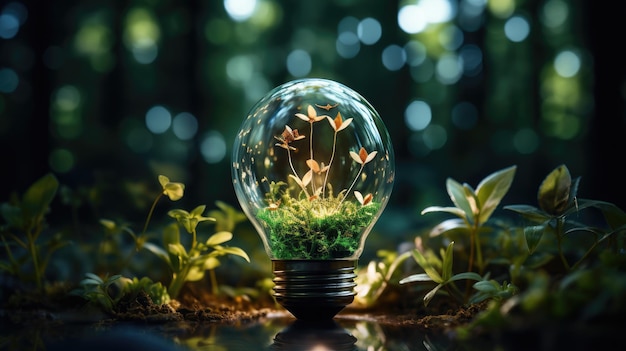 A transparent glass light bulb with a green plant inside stands in the middle of the forest Theme of ecology and environmental protection