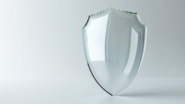 Transparent glass shield depicted in 3D on a white background with available copy space