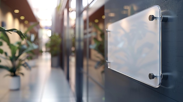 Photo transparent glass sign plate on wall mockup template of a blank business signboard t generative ai